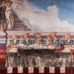 Hittétel, avagy A Gólya Bácsi szárnyak nélkül / Faith or The Uncle Stork without wings, 2015 olaj, akril, akvarell, fa / oil, acrylic, watercolor on wood 80x90 cm