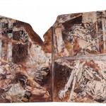 Szegett szárnyon / Broken wings, 2003 akril, csirkedrót, rizspapír, fém, fa / acrylic, chicken wire, ricepaper, metal on wood 70x100 cm